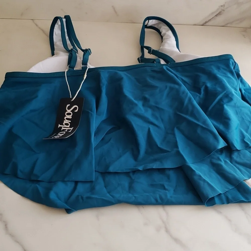 SouqFone Ruffled Flounce Top High Waisted Bikini Set in Blue Green Leaf Size L